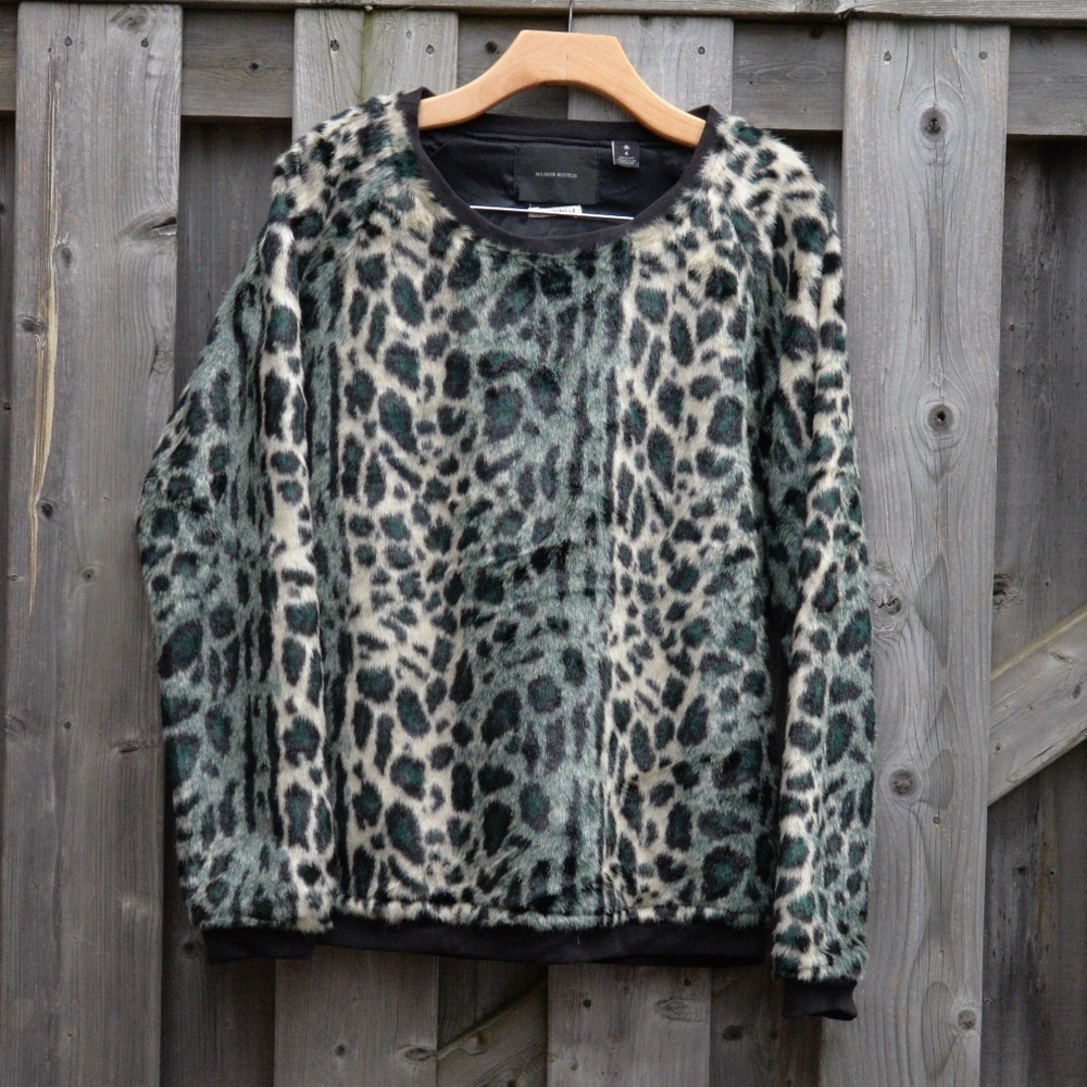 Maison Scotch Leopard Print Faux Fur Sweater Sz L